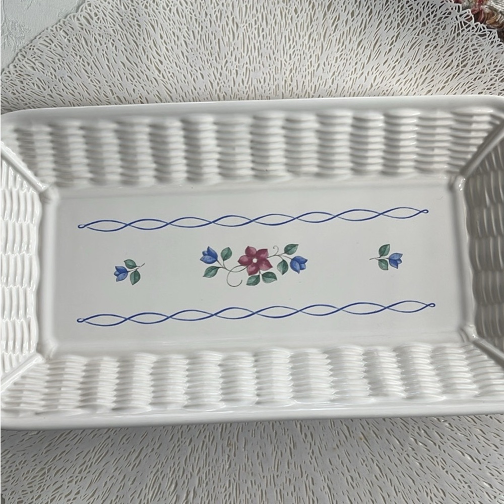 Pfaltzgraff White Ceramic Tray with Pink and Blue Floral Accents